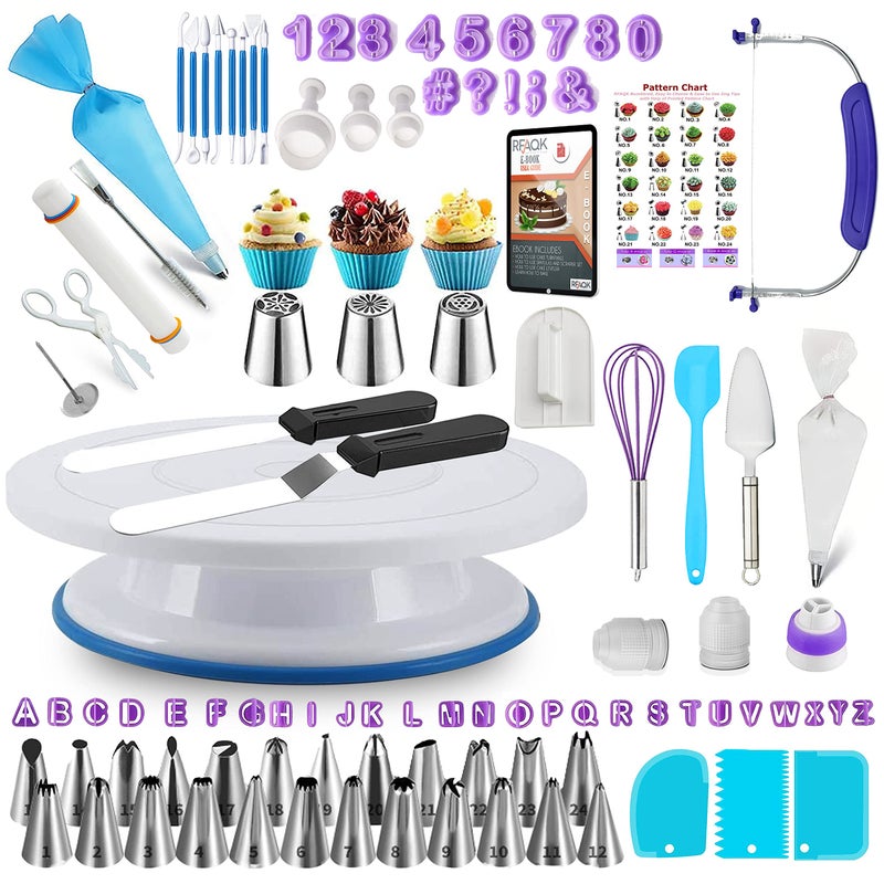RFAQK 230PCs Cake Decorating Supplies Kit  Cake Decorating Set with Cake Turntable  Piping Bags and Tips  Modeling Tools  Cookie Plunger Cutters  Icing Smoother & Other Accessories for Cake Decoration - Image 1